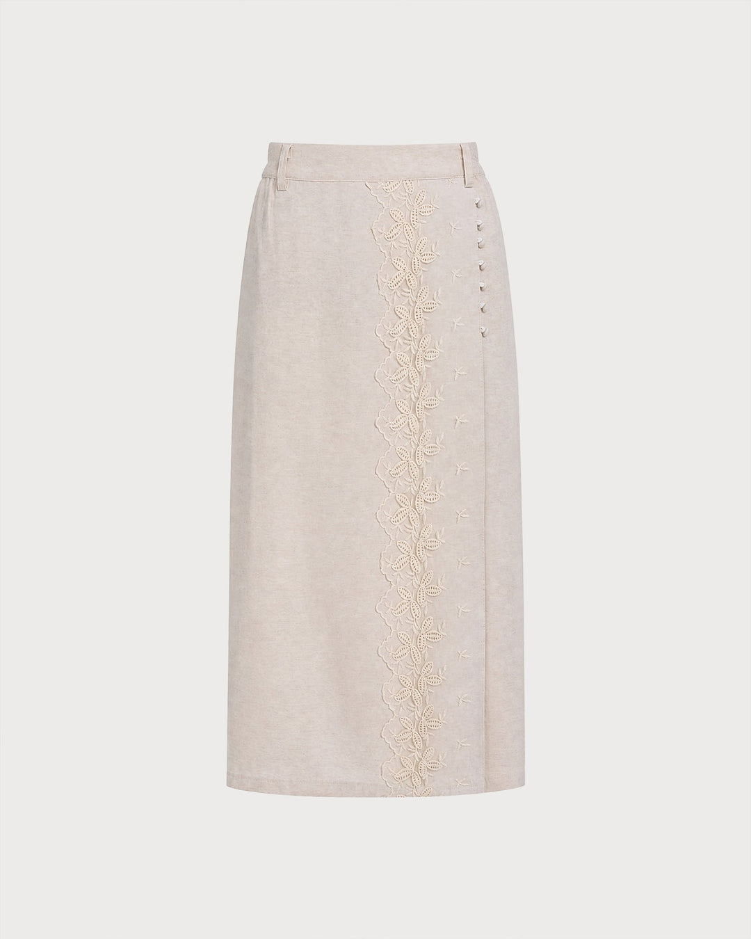 Beige Elastic Waist Pockets Lace Midi Skirt