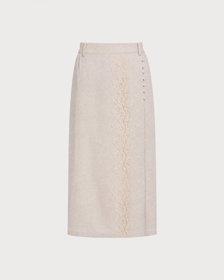 Beige Elastic Waist Pockets Lace Midi Skirt