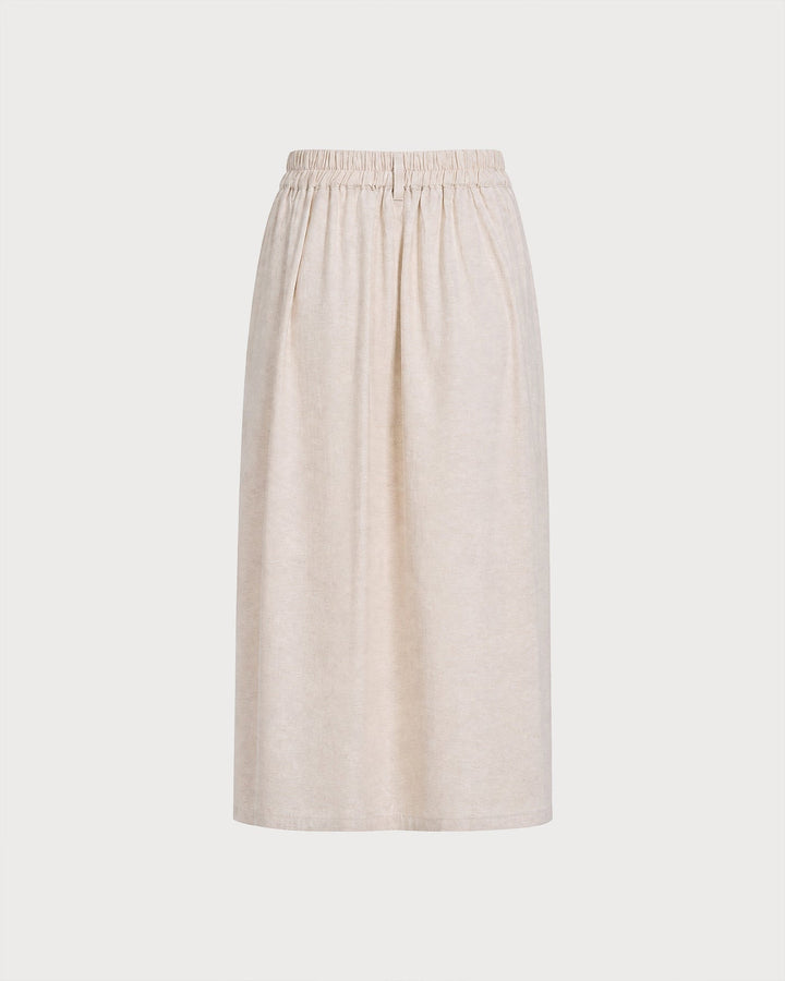 Beige Elastic Waist Pockets Lace Midi Skirt