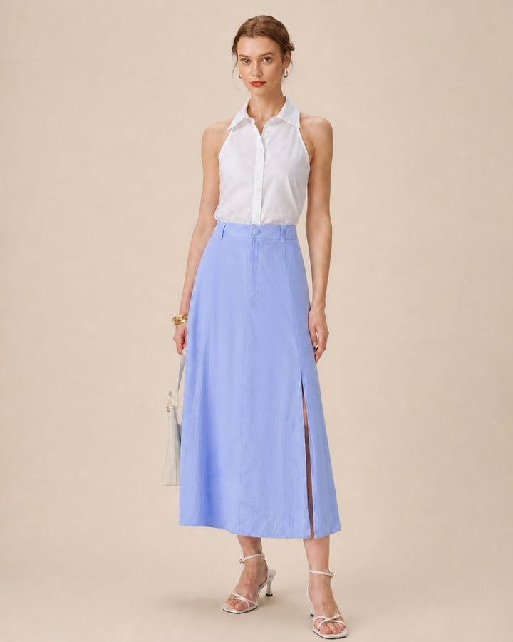 Blue Button Slit A-Line Midi Skirt