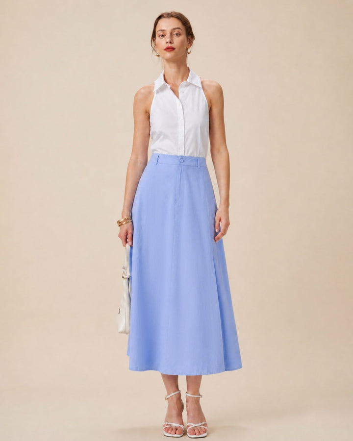 Blue Button Slit A-Line Midi Skirt