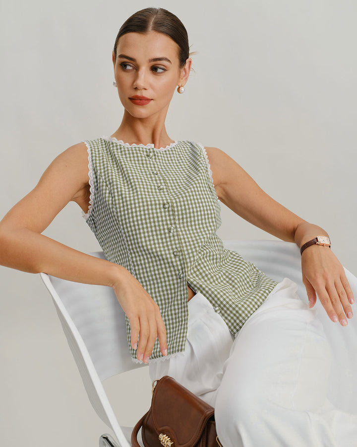 Light Green Boat Neck Plaid Tank Top