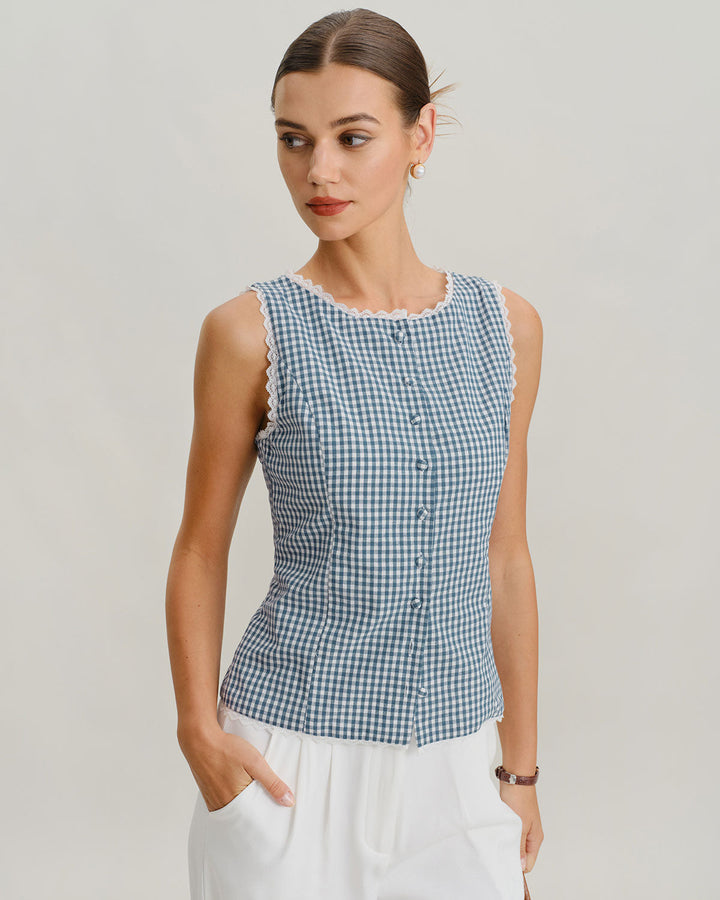 Blue Plaid Sleeveless Tank Top