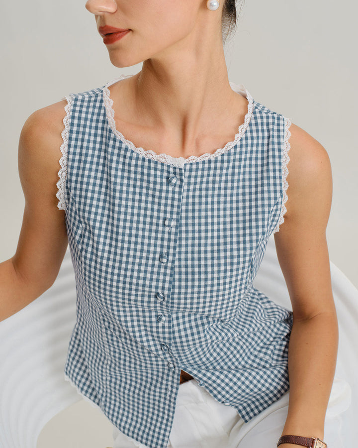 Blue Plaid Sleeveless Tank Top