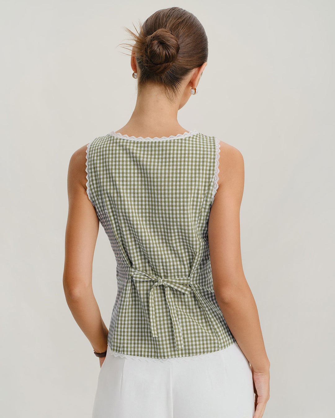 Light Green Boat Neck Plaid Tank Top