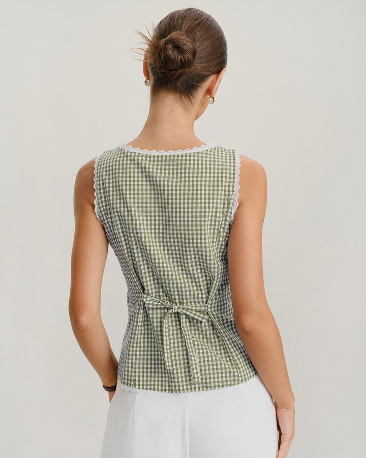 Light Green Boat Neck Plaid Tank Top