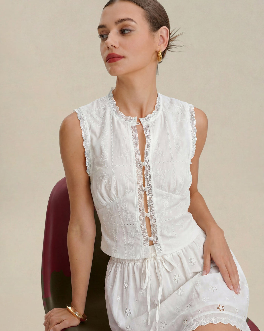 White Embroidery Lace Button Tank Top