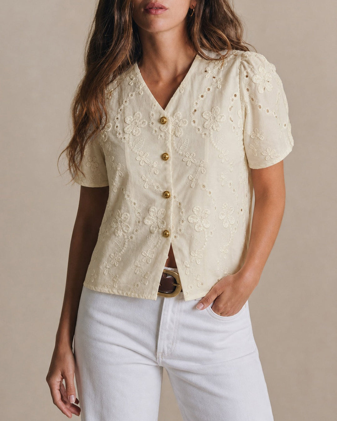 Apricot V Neck Floral Button Tee