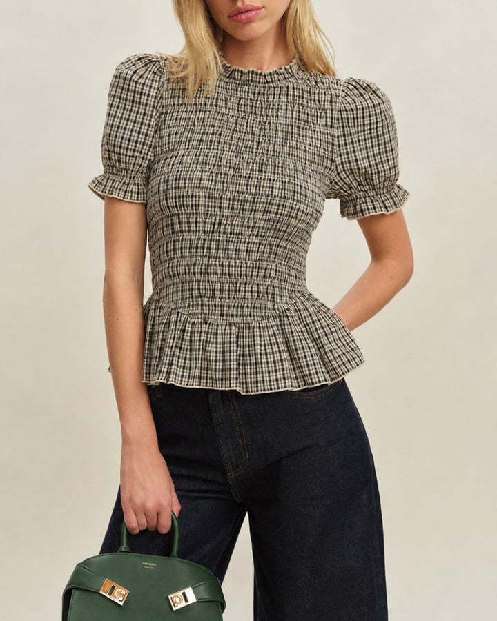 Apricot Lantern Sleeve Shirred Plaid Tee