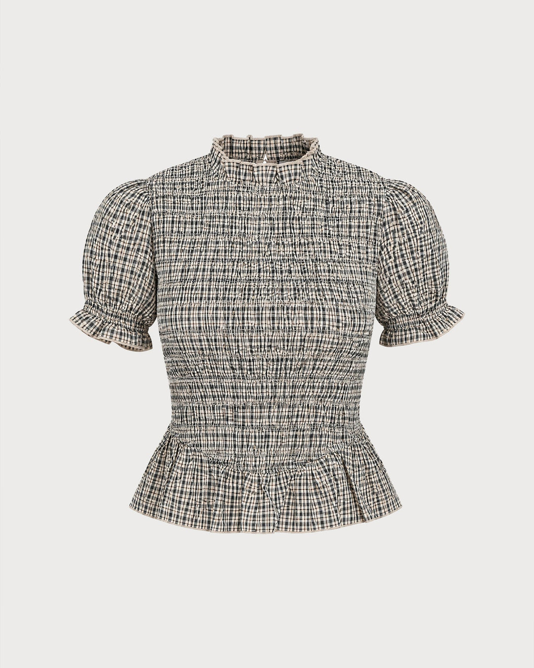 Apricot Lantern Sleeve Shirred Plaid Tee