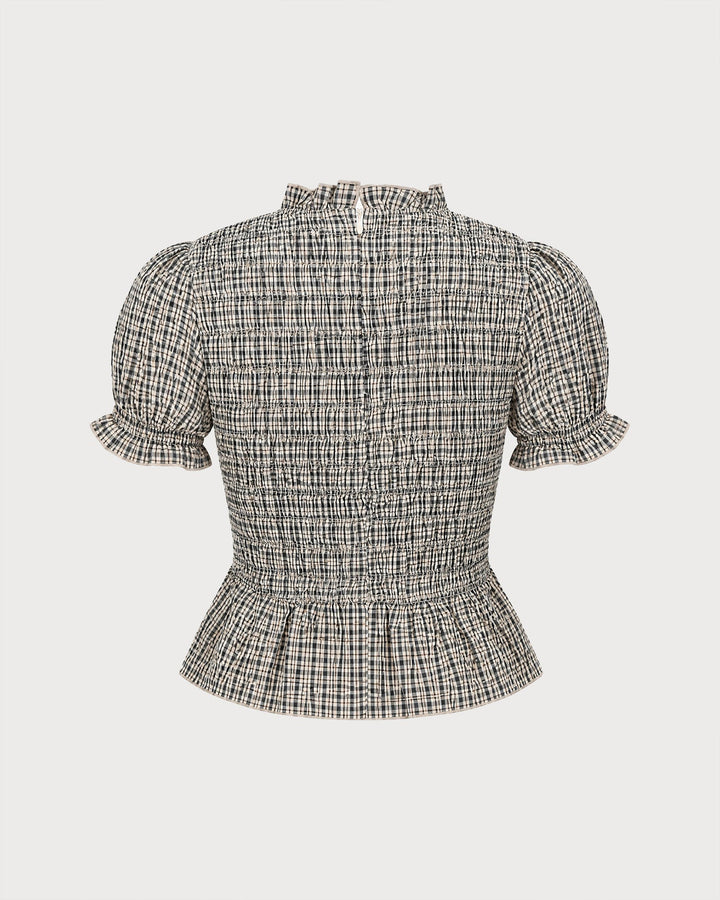Apricot Lantern Sleeve Shirred Plaid Tee