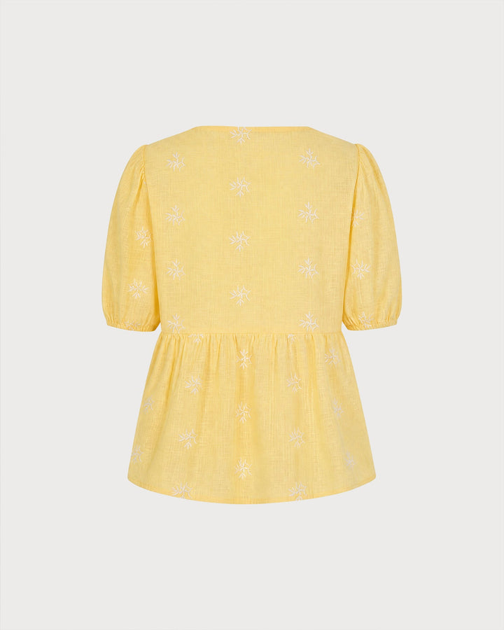 Yellow V Neck Puffed Sleeve Floral Tee