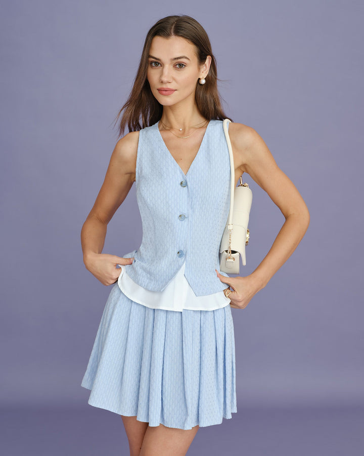 Blue V Neck Textured Single Breasted Vest