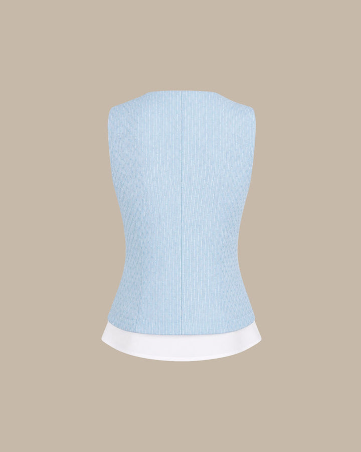 Blue V Neck Textured Single Breasted Vest