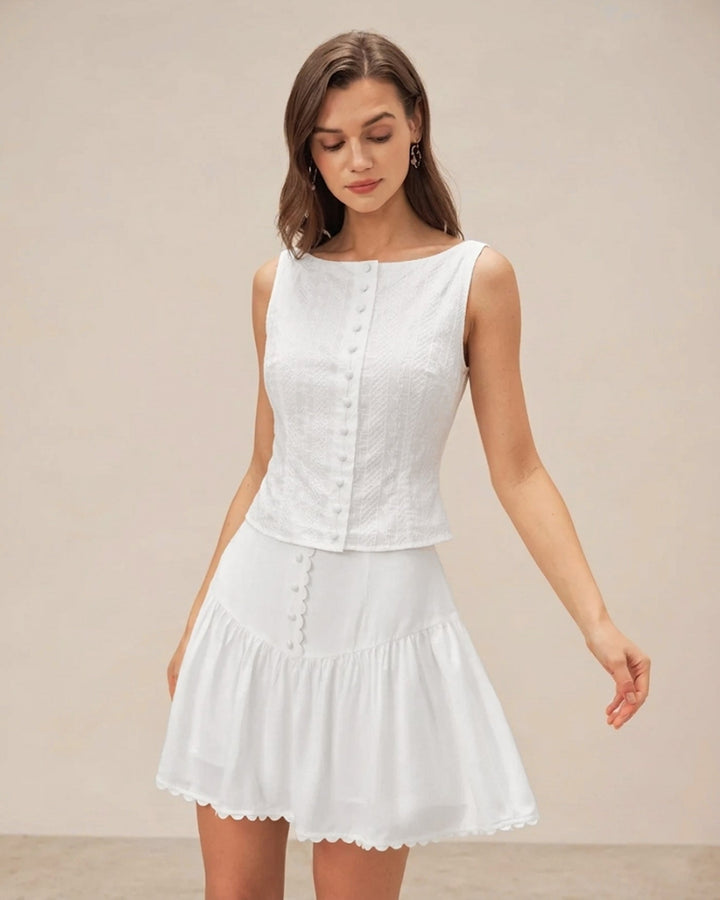 White Textured Boat Neck Button Vest