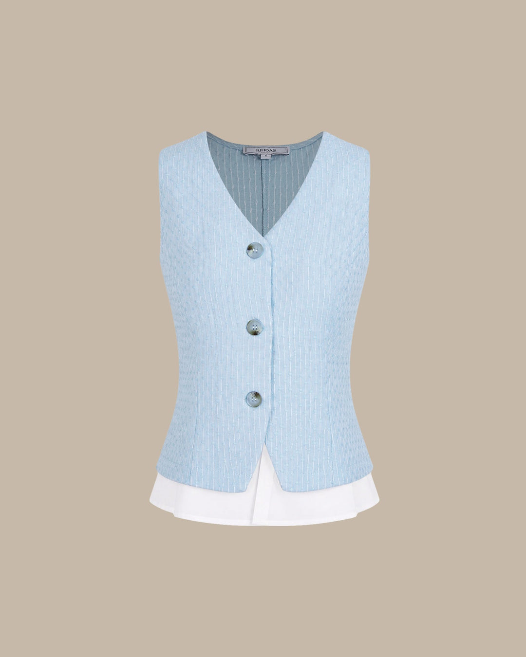 Blue V Neck Textured Single Breasted Vest