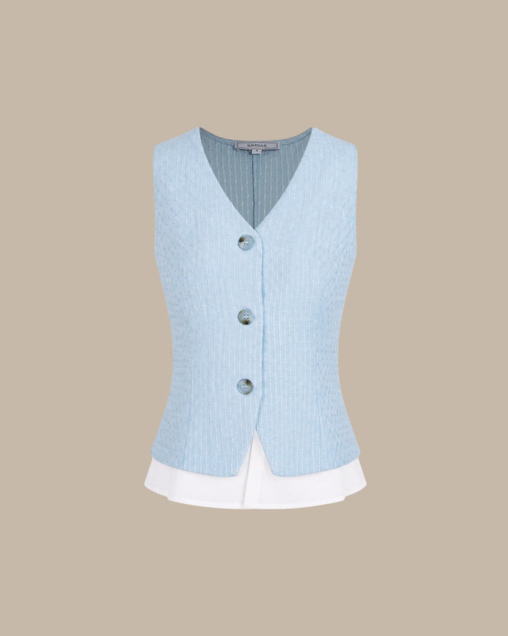Blue V Neck Textured Single Breasted Vest