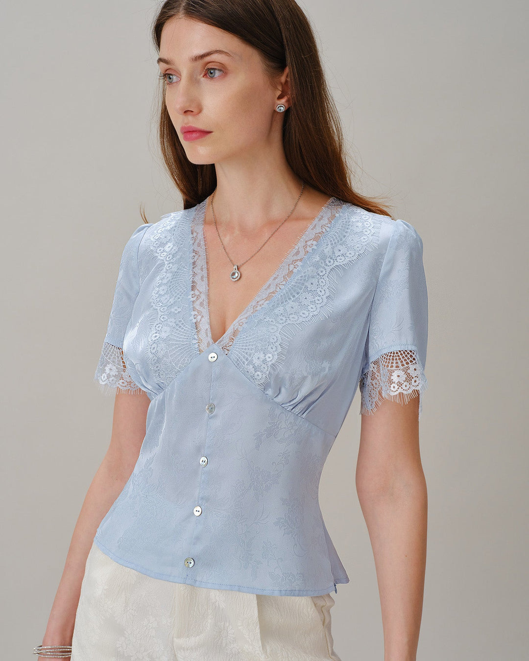 Blue V Neck Lace Jacquard Blouse