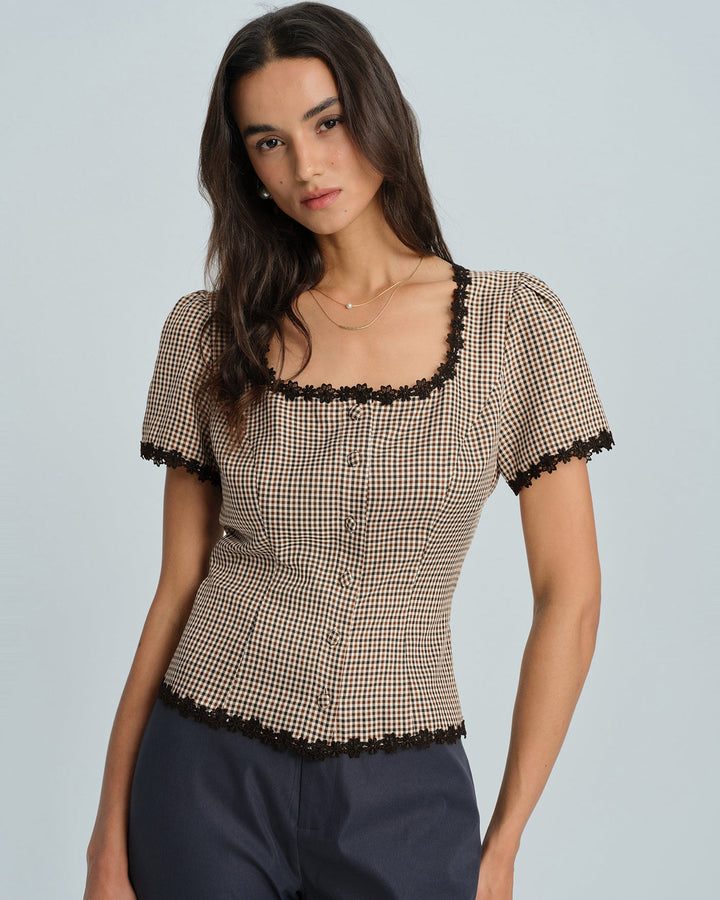 Coffee Square Neck Plaid Blouse