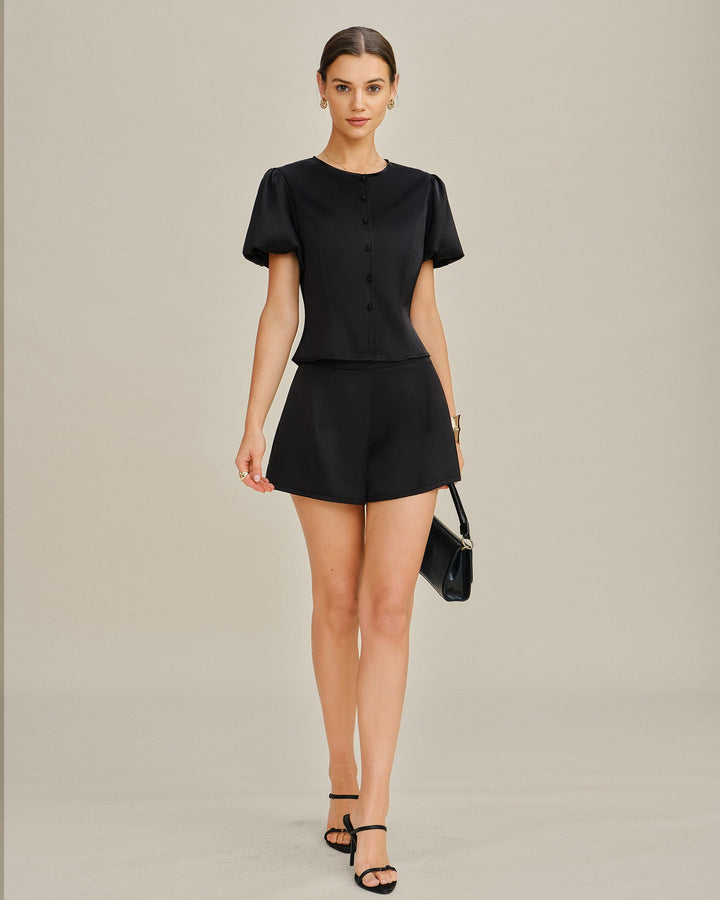 Black Puffed Sleeve Satin Blouse