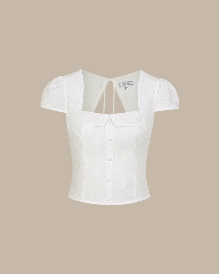 White Square Neck Jacquard Blouse