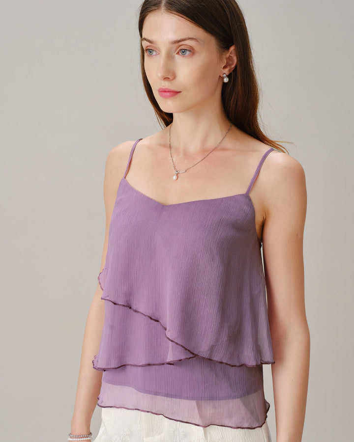Purple V Neck Ruffle Chiffon Cami Top