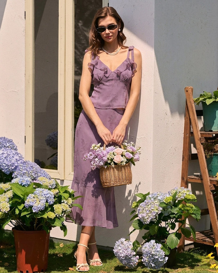 Purple V Neck Floral Ruffle Camis
