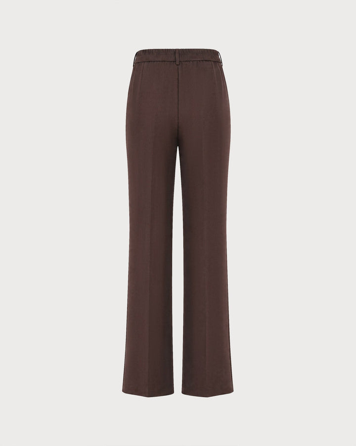 Coffee Elastic Waist Pockets Straight Pants