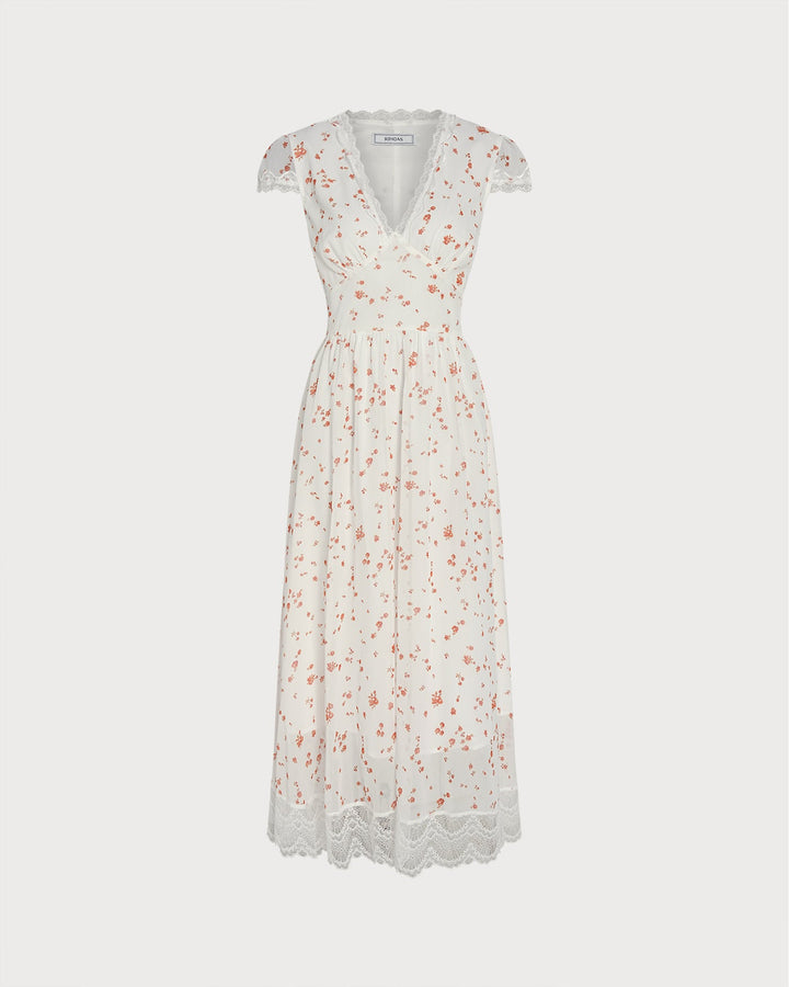 Off White V Neck Lace Floral Maxi Dress