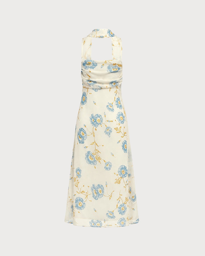 Beige Floral Tie Chiffon Maxi Dress