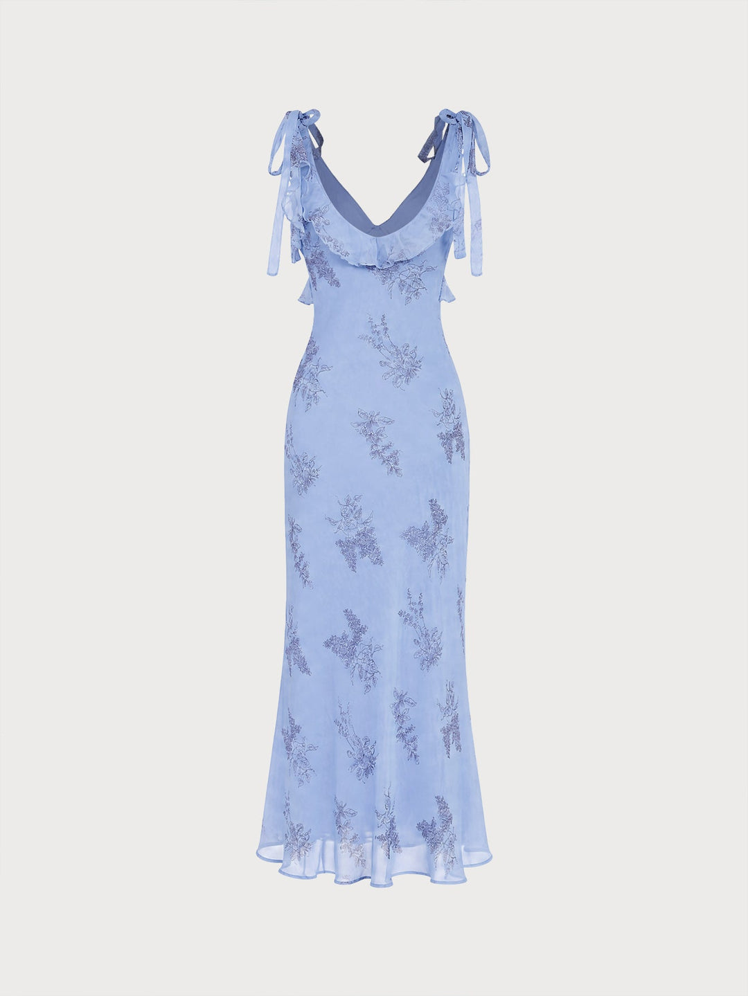 Blue Floral Ruffle Tie Strap Maxi Dress