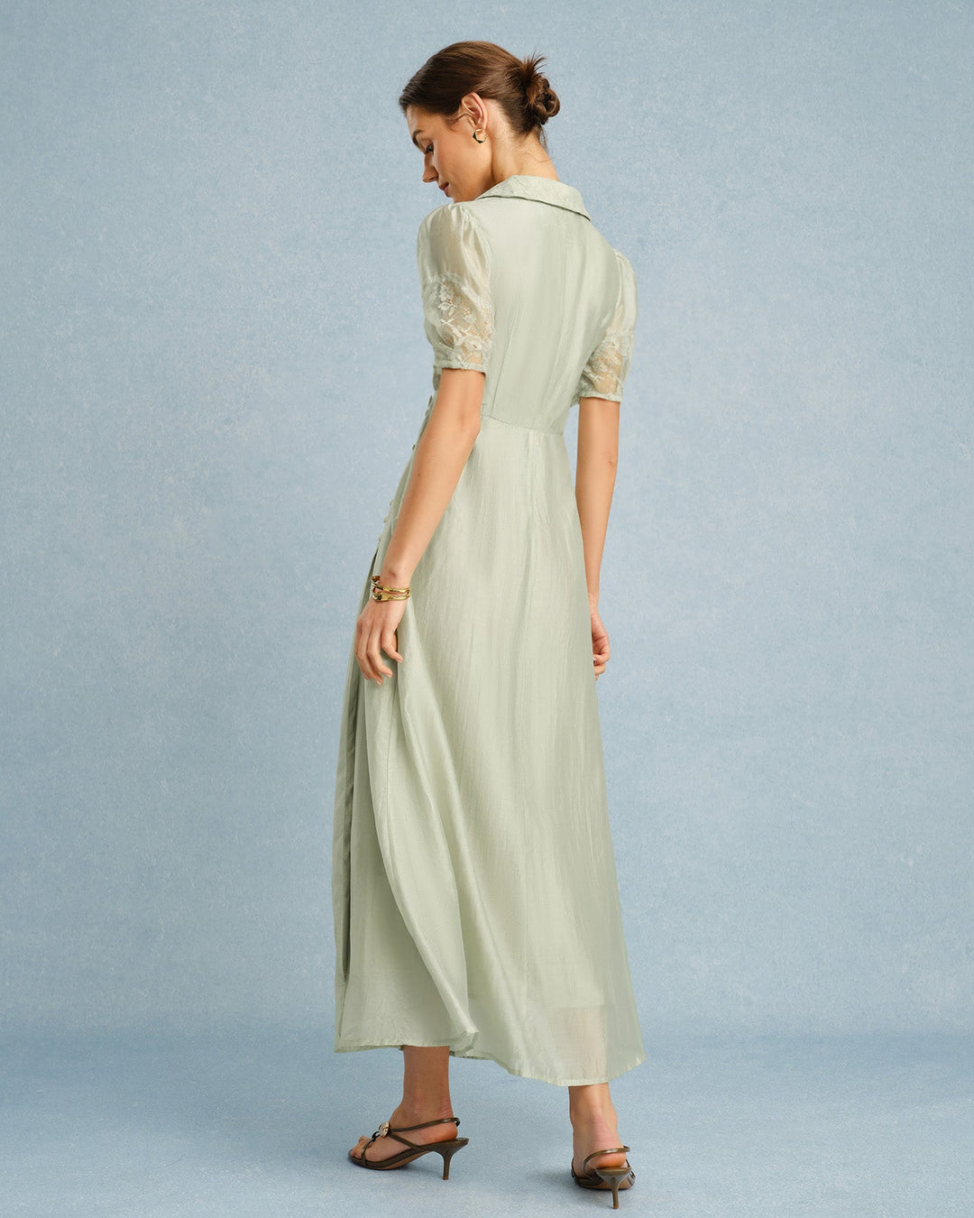 Green V Neck Button Maxi Dress