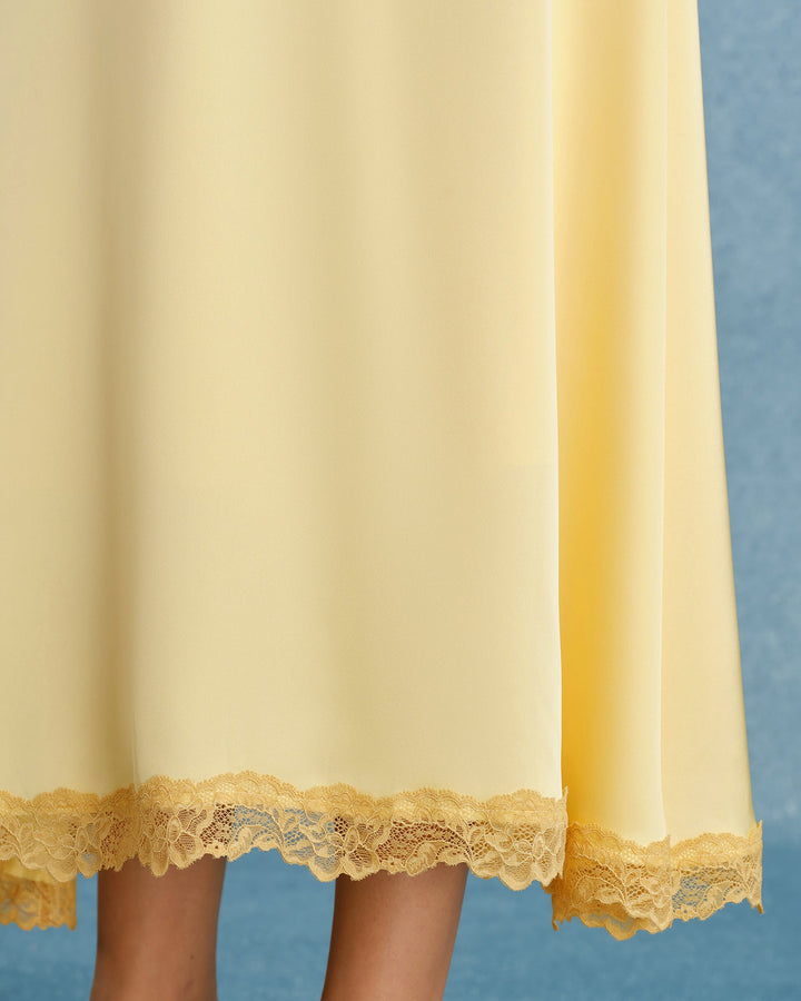 Yellow V Neck Lace Splicing Maxi Dress