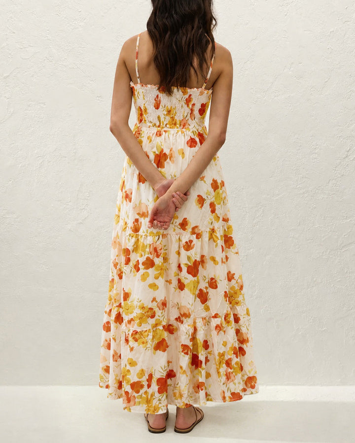 Yellow Floral Shirred Slip Maxi Dress