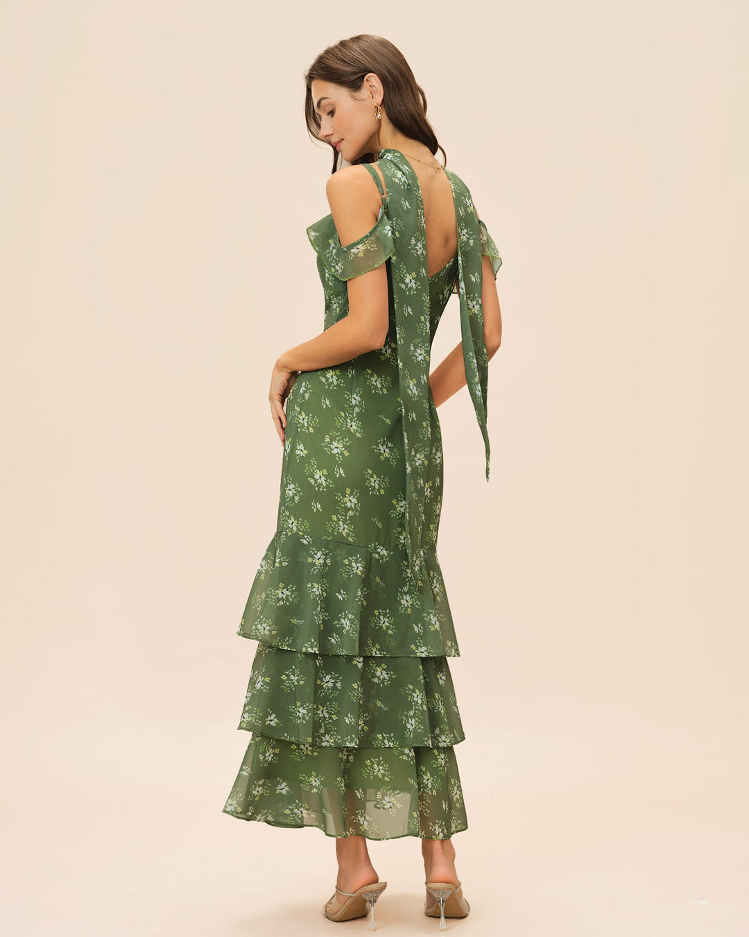 Green V Neck Ruffle Floral Maxi Dress