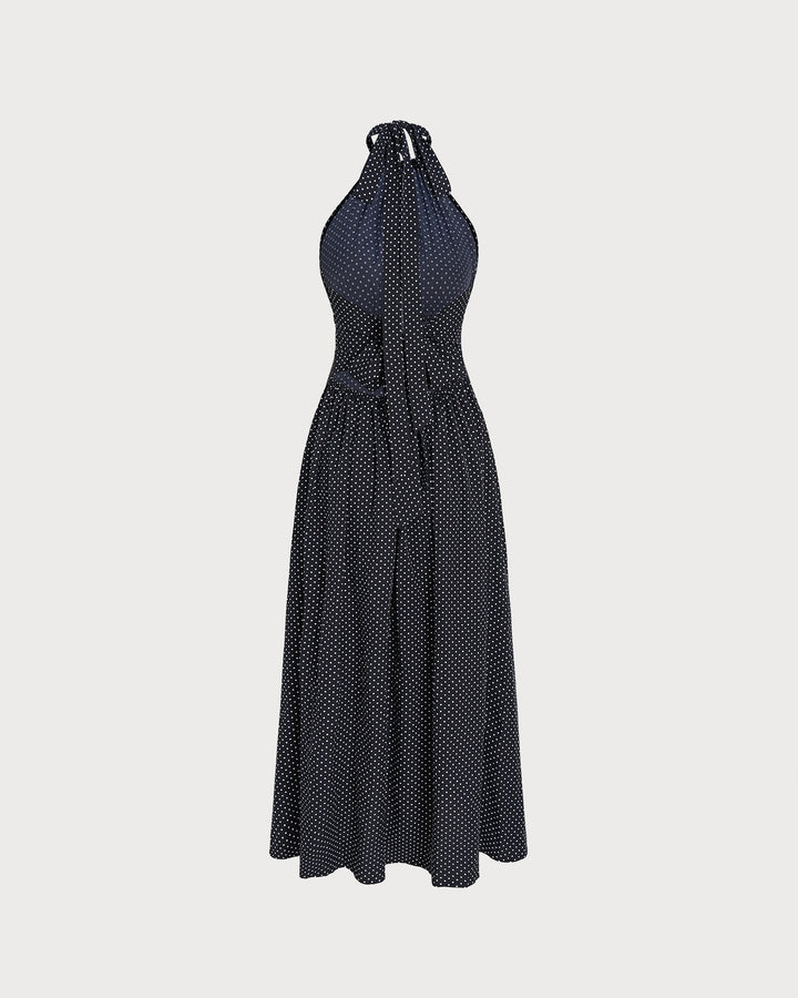 Black Halter Tie Polka Dot Maxi Dress