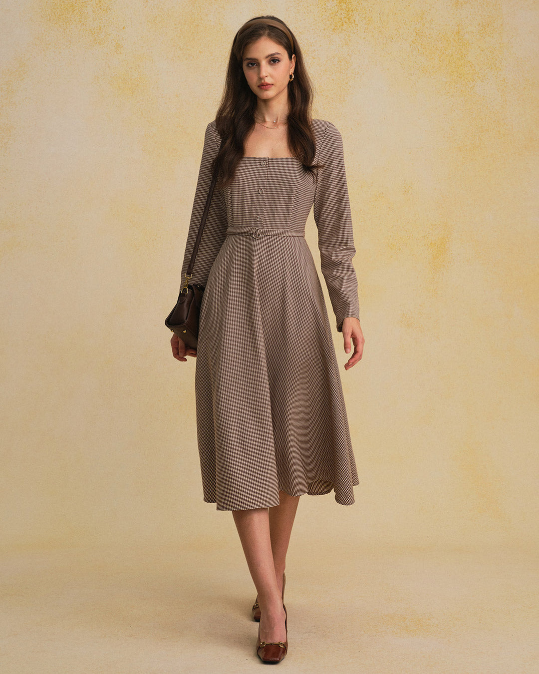 Brown Gingham Square Neck Belted Maxi Dress