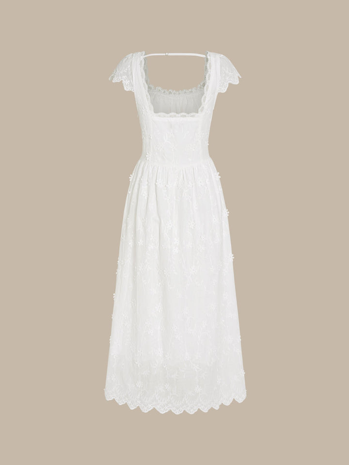 White Square Neck Lace Flowers Maxi Dress