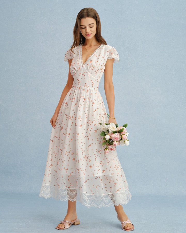 Off White V Neck Lace Floral Maxi Dress