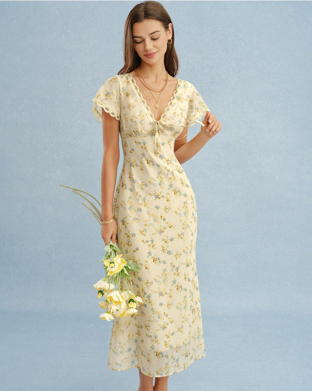 Yellow V Neck Lace Floral Maxi Dress