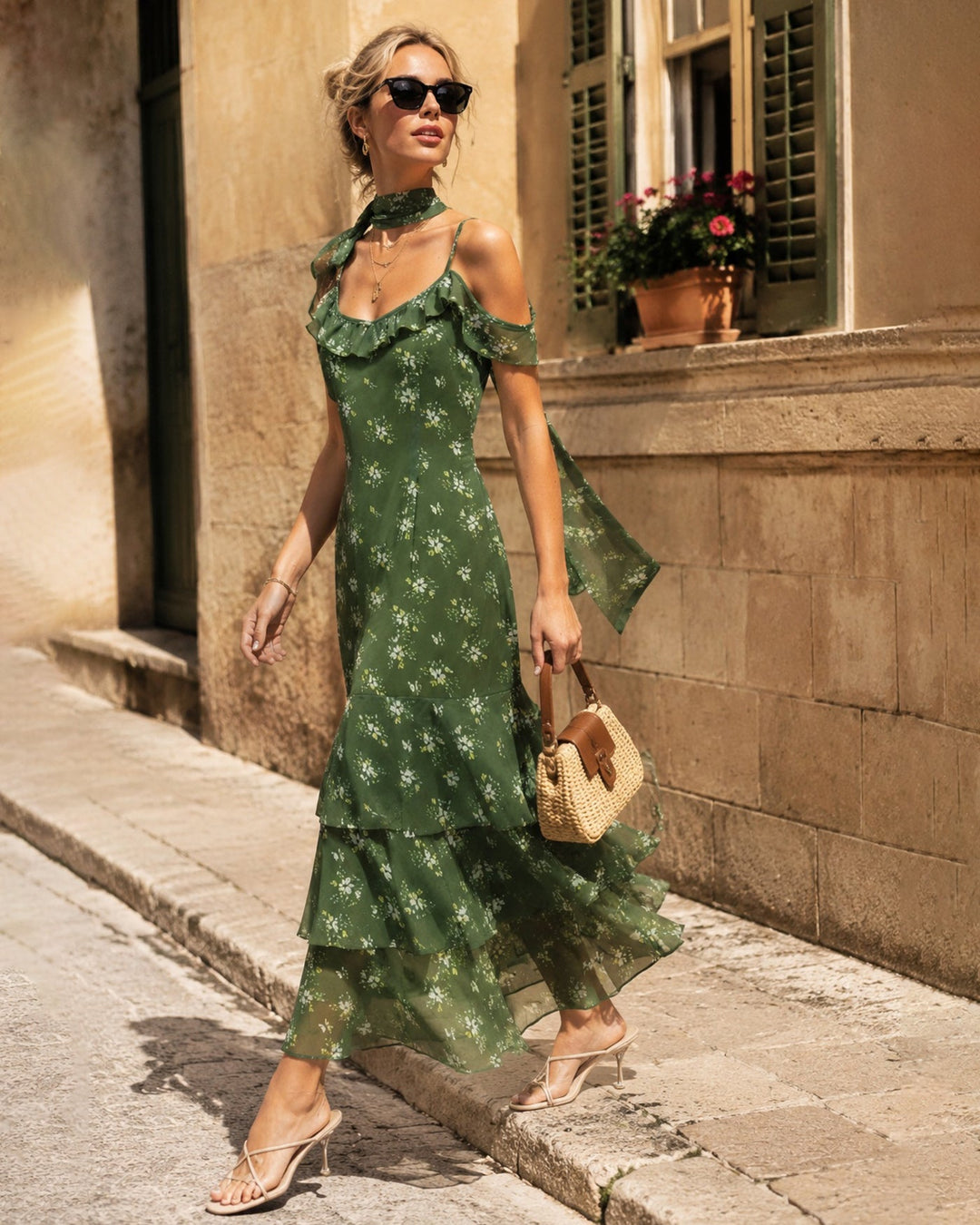 Green V Neck Ruffle Floral Maxi Dress