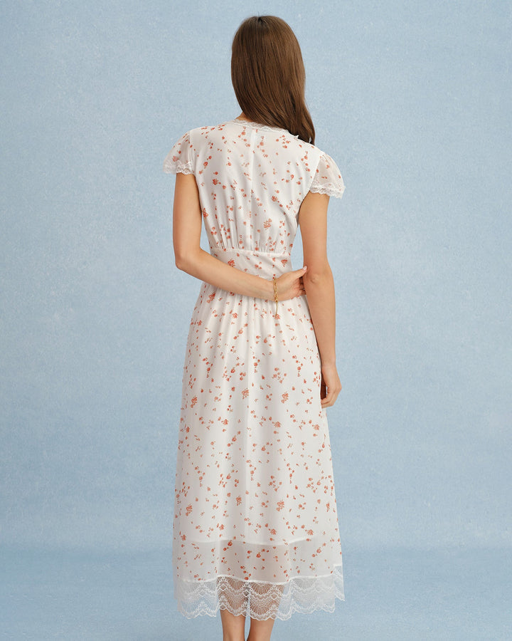 Off White V Neck Lace Floral Maxi Dress