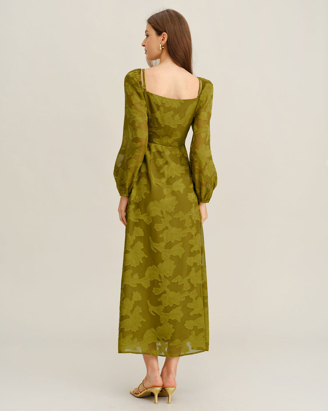 Green Floral Square Neck A-Line Maxi Dress