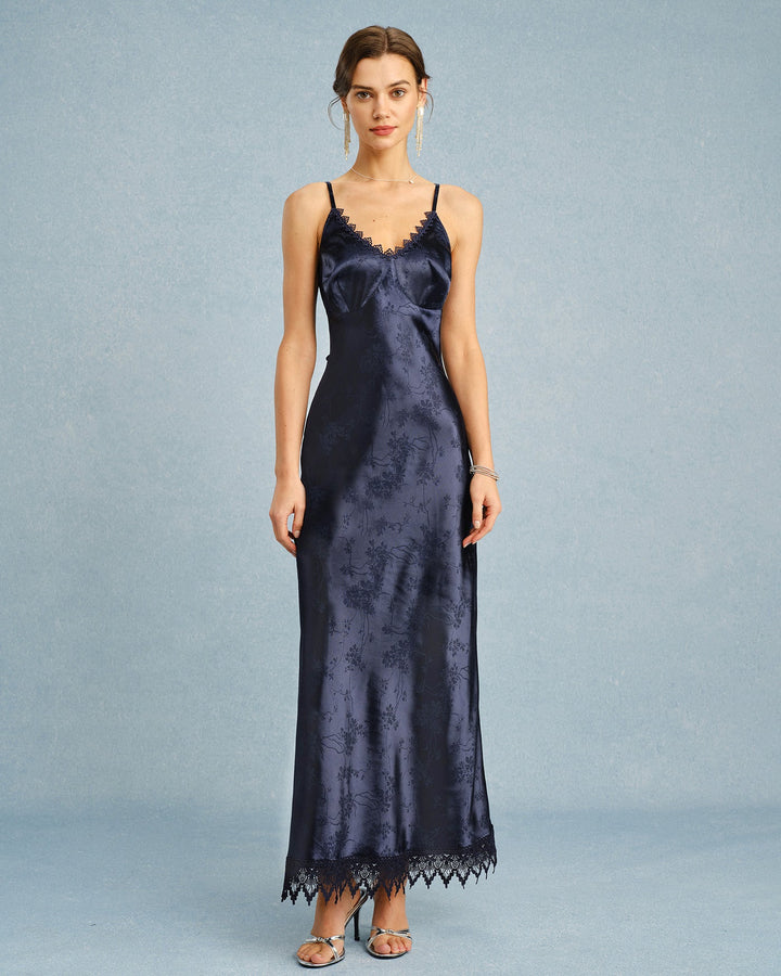 Navy Jacquard Lace Slip Maxi Dress