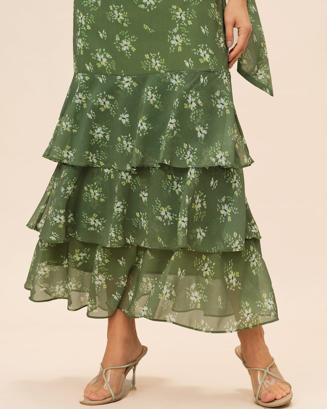 Green V Neck Ruffle Floral Maxi Dress