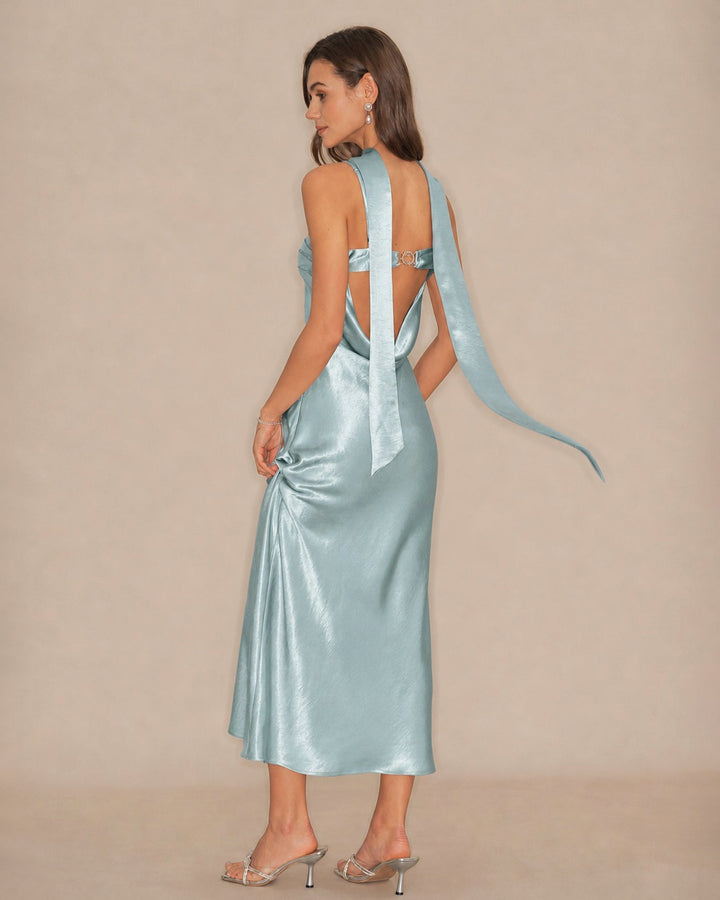 Green Flowy Mermaid Satin Maxi Dress