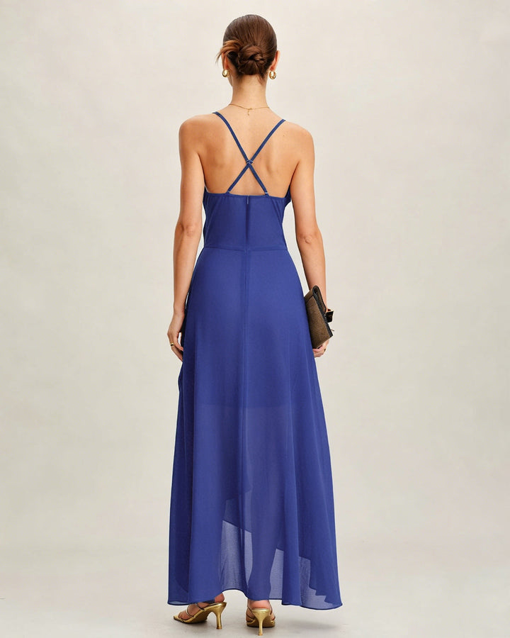 Blue Square Neck Slip Chiffon Maxi Dress