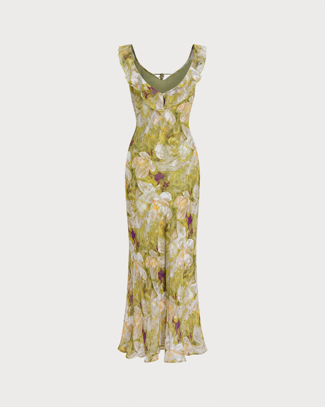 Green V Neck Floral Ruffle Maxi Dress