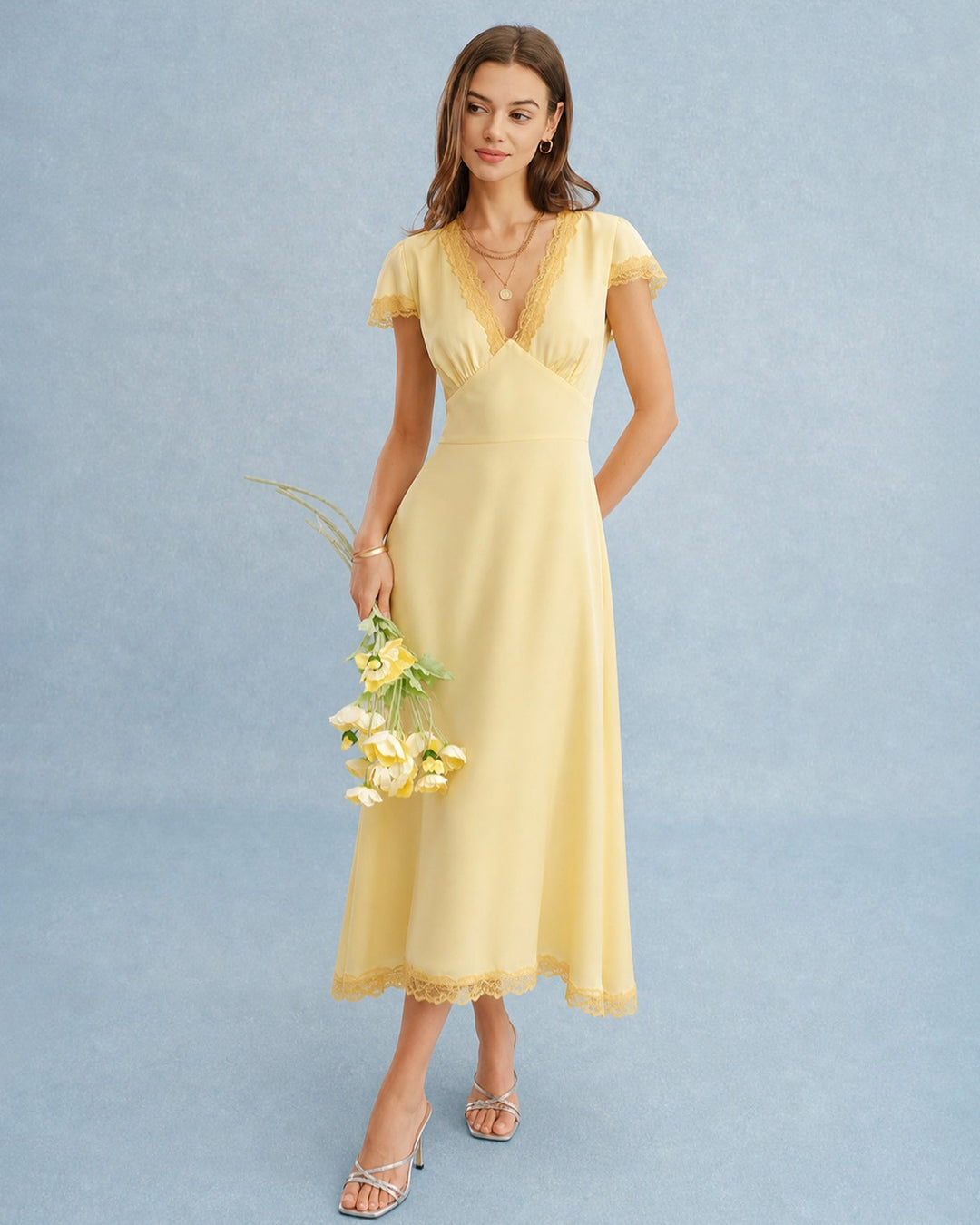 Yellow V Neck Lace Splicing Maxi Dress