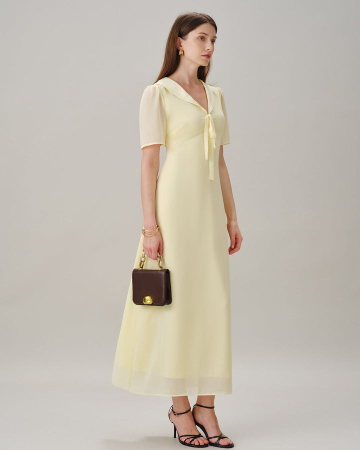 Yellow V Neck Tie Tunic Maxi Dress